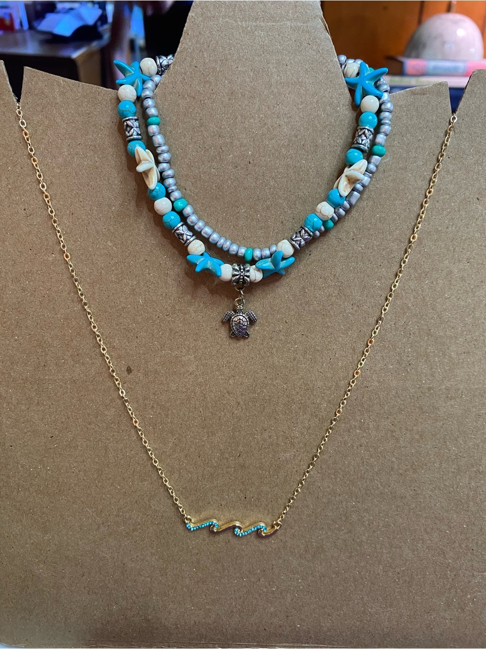 Beach themed turtle anklet and blue wave necklace
